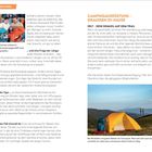 Seite 1: "Ausrüstung", Tipps zum Rucksackkauf, Wahl der Rucksackgröße.  
Seite 2: "Campingausrüstung", Zeltwahl, Varianten. Orangefarbenes Zeltbild.