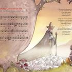 Links mit Noten "Kein schöner Land in dieser Zeit". Rechts ein Wanderer mit Hut, Schafen, einem Kind und einem Fuchs am Baum.