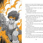 Linke Seite: Text beschreibt eine Szene mit Lara und Ed. Illustration: Frau und Mann rennen vor einer Explosion.