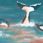 Text: Jeder Wal ist einzigartig. Geschichte von Arya, Schwanzflosse innen fast weiß. Illustration: Drei Walflossen im Wasser.