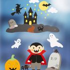 Illustration: Ein Schloss, Grabsteine mit "RIP", fliegende Hexe, Mond mit Fledermaus, Geister, Kürbis, Vampir, Katze und Spinne.