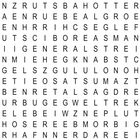 Buchstabensalat mit Wörtern: "BAHN", "ENGEL", "HOTEL", "GENERAL", "STREIK", "REKORD", "TURBINE".