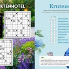 „Insektenhotel“ und „Erntezeit“. Links ein Rätsel mit O und X, rechts Pflanzenliste mit „ja“ und „nein“-Boxen.