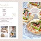 Rezept für Flammkuchen mit Parmaschinken und Spargelherzen. Bilder zeigen Zubereitungsschritte und fertige Mini-Flammkuchen.