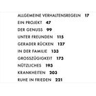 In einer Liste stehen Titel mit Nummern: "ALLGEMEINE VERHALTENSREGELN 17", "EIN PROJEKT 47", bis "RUHE IN FRIEDEN 221".