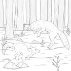 Zwei Füchse spielen in einem Wald, umgeben von Bäumen, Sträuchern und Felsen.