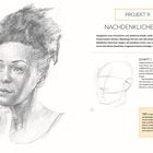 PROJEKT 9 NACHDENKLICHE FRAU. Skizze einer Frau mit nachdenklichem Blick, Kinn auf der Hand, rechtwinkliger Kopfskizze.