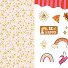 Text "WOW", "BE HAPPY", "GOOD VIBES". Illustrationen mit Blumenmuster, Regenbögen, Sonnen, Discokugel, Pizza und Banane.