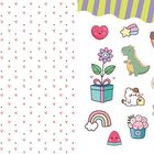 Links kleine rote Herzen auf weißem Hintergrund, rechts bunte, fröhliche Zeichnungen wie Regenbogen und Dinosaurier.