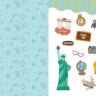 „Let's Travel“, „TRAVEL TIME“, „ADVENTURE!“, „ready for summer“. Symbole von Reisen: Freiheitsstatue, Bus, Koffer.