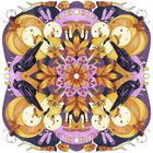 Kerzen, Kürbisse, Raben und Herbstblätter in symmetrischem, farbenfrohem Design.