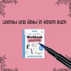 Text: "Lernen und üben in einem Buch." Unten ist ein Handlettering-Workbook mit einem Stift. Ecken mit Blumenmotiven.