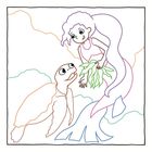 Eine Meerjungfrau hält Algen, schaut eine Schildkröte an; bunte Outlines, fröhliche Szene.