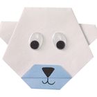 Illustration eines Eisbärenkopfs aus Papier mit großen Augen und blauem Bereich für Nase und Mund.
