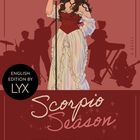 "Scorpio Season" steht in geschwungenen Buchstaben. Die Illustration zeigt eine Frau im Korsett mit Mikrofon, umgeben von Musikern.