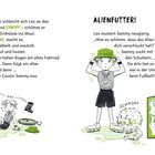 Text: Lex schüttet einem Monster Erdnüsse ins Maul. Illustration: Ein Kind mit Hut, ein Fahrrad, ein Gummistiefel.