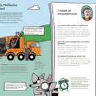 "Wie sammeln Müllautos den Abfall ein?" Erklärung über Müllauto-Funktionen mit Illustrationen von Müllauto und Waschbär.