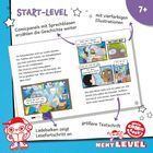 Links: Ein Mädchen entdeckt einen Drachen, der Feuer speien kann. Rechts: Hiro trainiert mit einem Stock. Texte beschreiben die Szenen.