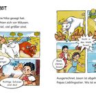 **AN DIE ARBEIT**  
Stiere sind solch Feiglinge!  
Nicht in den Wald, Jason!  
Richtige Schisser sind das!  
Bleib stehen, Jason!  
Gemälde von fliehenden Stieren und Kindern.