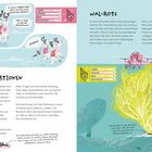 Das Bild ist eine bunte Doppelseite aus einem Buch. 

Links steht groß "Rentier-Reaktionen". Oben sprechen Zeichnungen: 

"Was will denn der?", "Er hat ein Maßband dabei. Will er etwa unsere Strickmuster abkaufen?", "Nee, er fragt uns nach dem Weihnachtsmann!" 

Albern: 4, Wütend: 5, Eklig: 4, Erstaunlich: 5.

Rechts steht groß "Wal-Rotz". Eine Illustration zeigt oben ein Boot neben einem Wal. 

Jemand ruft: "Jaaa! Ich hab den Rotz!" 

Daneben sind Ratings:

Albern: 7, Wütend: 9, Eklig: 9, Erstaunlich: 10.