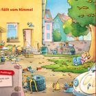 Ein Hut fällt vom Himmel. Profifrage: Wo versteckt sich der Besen? Suchspiel mit Kiste, Reifen, Blättern, Fahrrad, Äpfel, Treppe.