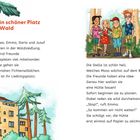 1. Ein schöner Platz im Wald. Vier Kinder stehen glücklich im Wald, daneben ein Haus und Bäume illustriert.