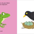 Text: Der Frosch quakt schon die ganze Nacht, jetzt ist die Amsel aufgewacht. Links ein grüner Frosch, rechts eine Amsel im Nest.