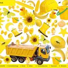 Text: "Die Farbe Gelb." Verschiedene gelbe Objekte wie ein Kipplaster, Sonnenblumen, Küken und ein Eimer.