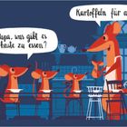 Text 1: "Papa, was gibt es heute zu essen?"
Text 2: "Kartoffeln für alle!"
Illustration: Mäusefamilie in Küche, Vater serviert.