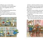 Text beschreibt Gespräche über Bücher und Essen. Oben links eine Bibliothek mit zwei Figuren, unten rechts ein Tisch mit Charakteren.