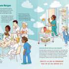 "Besprechung am Morgen." Ärzteteam im Gespräch; nebenan Servierwagen, Uhr und Kinderbetreuung. Farbenfroh, freundlich.