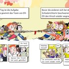 Am nächsten Tag ist die Aufgabe Tauziehen. Da gewinnt das Team von Elli schon wieder. Comic-Stil mit lebendigen Farben.