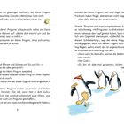 Textausschnitt über Pinguine, die Gott und ihre Fähigkeiten diskutieren. Illustration von drei Pinguinen und einem Schmetterling.