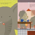 Ella ist ein Morgenmuffel und hätte gerne länger geschlafen. Illustrationen von zwei Elefanten beim Frühstück mit Kakao.