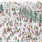 Checkliste Skipiste: Mann auf dem Dach, Hündchen auf Skiern. Linke Postkarte: "Latscht, latscht, ihr Walzer-Freunde!"