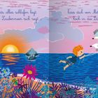 „Wenn sich abends alles schlafen legt und im Traum das Zaubermeer sich regt ... lass dich von Möwenschwingen hoch in die Lüfte bringen.“ Eine bunte Illustration zeigt einen Sonnenuntergang über dem Meer, Blumen im Vordergrund und ein Kind, das an Möwen fliegt.