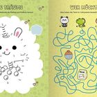 "SÜSSE TRÄUME" über einem Hasen-Verbinde-die-Punkte-Spiel; "WER MÖCHTE WAS?" über einem Labyrinth mit Tieren und Snacks.