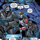 Eine illustrierte Szene mit Soldaten in dunkler Rüstung in eisiger, zerklüfteter Umgebung. Sie unterhalten sich über Waffen.