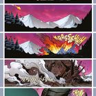 "Yukon-Territorium, Kanada" steht oben. Vier Einzelbilder zeigen Berge, ein Meteor, Explosionen, Rauch und Trümmer.