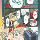 Uhr zeigt 10:21, kaputt. Frau mit Angst, Gelbfleck-Kleidung, Chaos, Rauch, Toaster. Texte: "Katastrophe", "Häh ...?!"