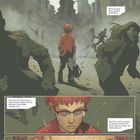 Comic-Illustration: Ein Junge steht in einer zerstörten Stadt. Panik um ihn, Nahaufnahme seines besorgten Gesichts.