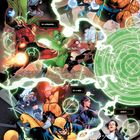 Ein Comic mit den Texten: "Die Fantastic Four...", "Die Avengers...", "Die X-Men...", "SHIELD...". Helden in Aktion mit leuchtenden grünen Kreisen.