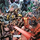 Comic mit Helden wie Cyclops, Storm und Wolverine, die gegen Monster kämpfen. Teamzuweisungen und Kampfszenen.
