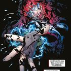 Texte: „ALLES BEGANN WÄHREND DES VENOM-KRIEGS.“ Illustration einer Frau mit Maske, rotem Haar, Hände voller schwarzer Tropfen.