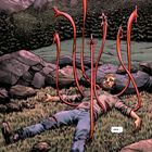 Die Rocky Mountains. Ein Mann liegt in Gras, von roten Tentakeln durchbohrt, umgeben von Bergen und Bäumen.