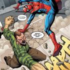 "Du kannst nicht die UNO angreifen!" zeigt Spiderman in einem actionreichen Kampf gegen einen muskulösen Mann mit Sandarm.