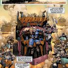 Futuristische Stadt und Krieger auf Motorrädern und Panzern in einer Wüstenlandschaft, dynamische Comic-Szene.