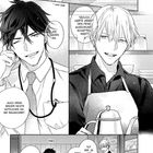 Kapitelseite eines Mangas: Zwei Männer sprechen in einem Café. Text wie "Ein Café mit Blick aufs Meer ..." und humorvolle Dialoge.