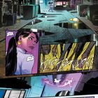 Texte: "Hfff", "Klipp Klapp Klip Klop", "Yah!". Illustration: Eine Frau läuft durch eine dunkle Gasse.