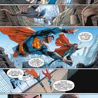 "Fertig, Lois?" "Ja... Moment..." Personen in Gespräch, fliegen über Stadt. Illustration mit Helden in bunten Anzügen.